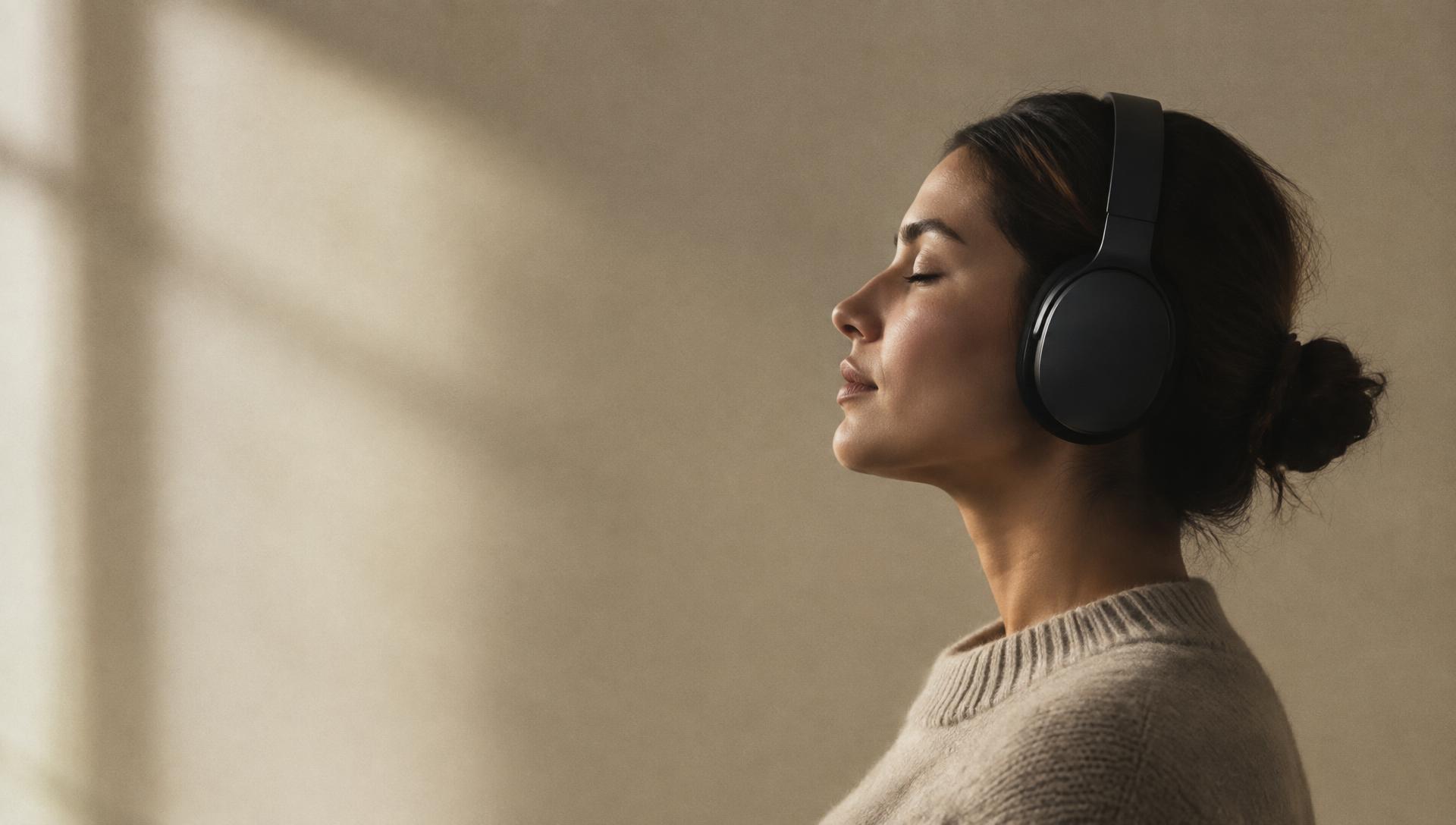 A listener wearing AURA ONE with eyes closed